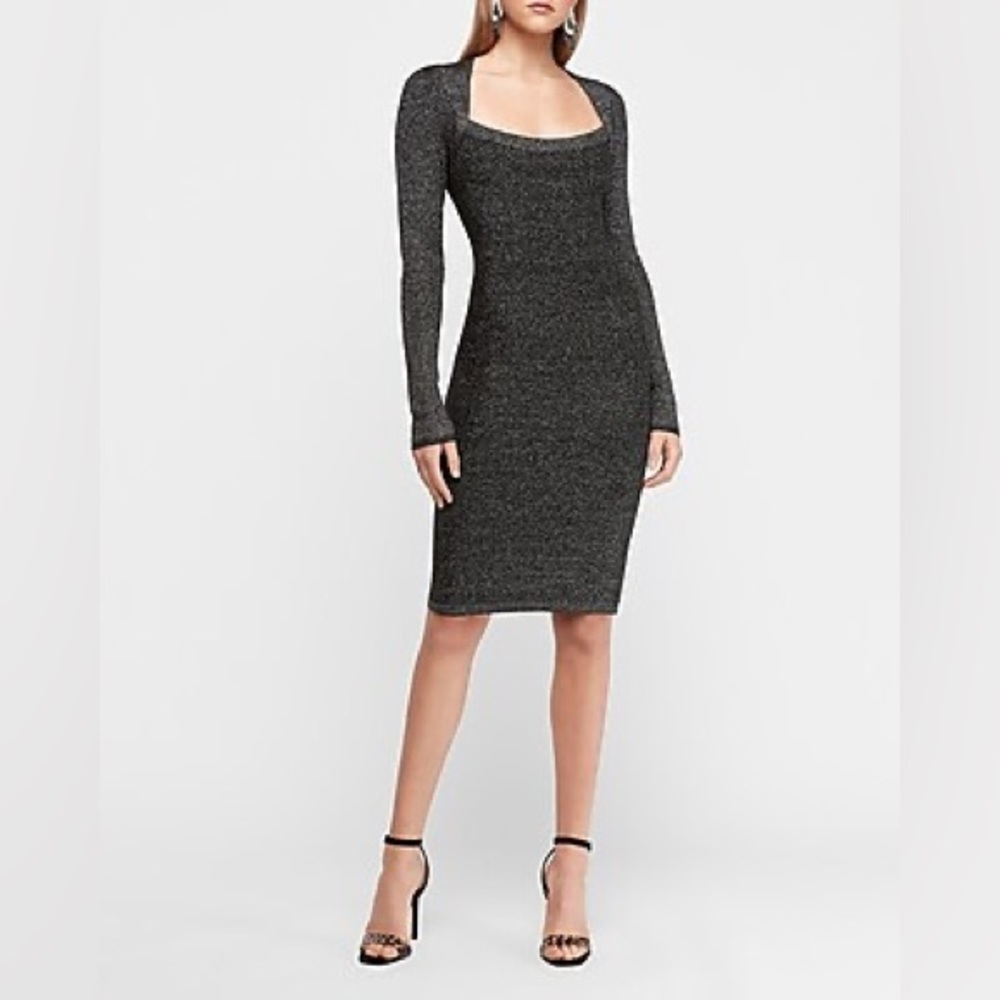 SILVER METALLIC SQUARE NECK BODYCON SWEATER DRESS